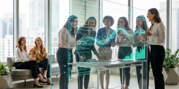 Diverse women collaborating in a modern tech office, symbolizing empowerment and innovation.