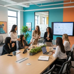 Diverse women collaborating in a modern tech office, symbolizing innovation and female leadership.