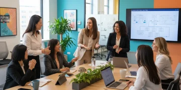 Diverse women collaborating in a modern tech office, symbolizing innovation and female leadership.