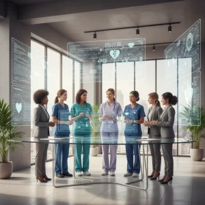 Professional women in tech and healthcare collaborating with digital screens