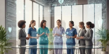 Professional women in tech and healthcare collaborating with digital screens