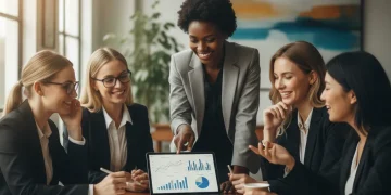 Professional women collaborating on career development and upskilling