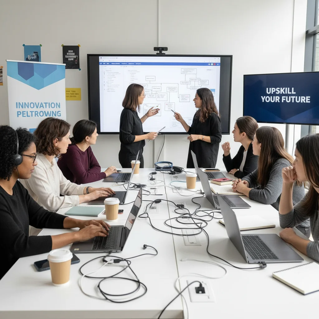 Women actively engaged in a digital upskilling and reskilling workshop