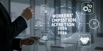 Workers' Compensation 2026 regulations infographic with approval clock and legal documents.